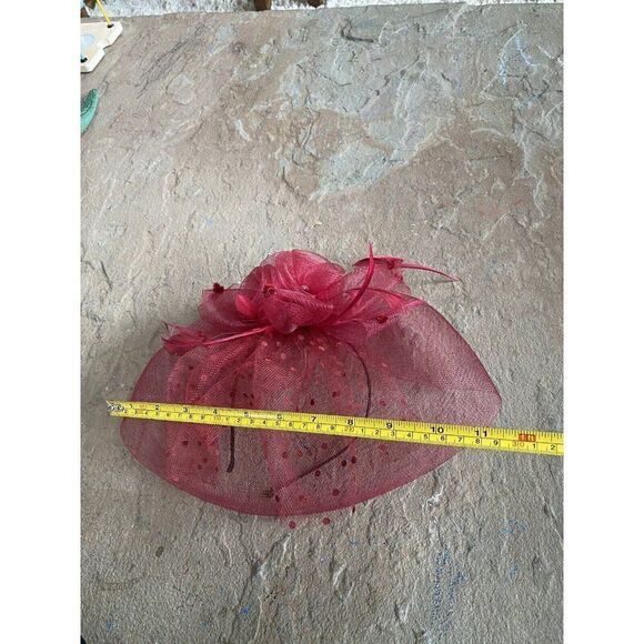 Vintage Hat Fascinator Kentucky Derby Red Rise Polkadot Sheer Headband Mesh - Picture 10 of 11